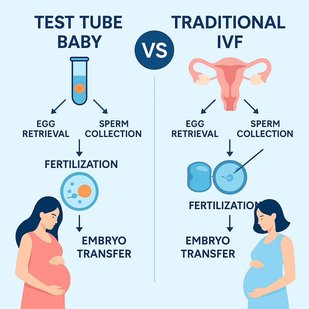Illustration comparing Test Tube Baby and Traditional IVF procedures, showing egg and sperm collection, fertilization, and embryo transfer leading to pregnancy.