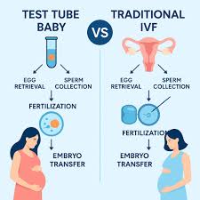 Illustration comparing Test Tube Baby and Traditional IVF procedures, showing egg and sperm collection, fertilization, and embryo transfer leading to pregnancy.