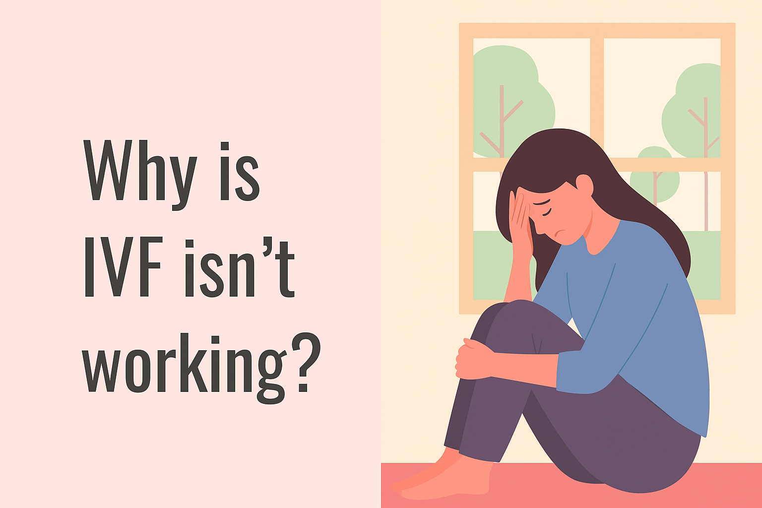 “Illustration of a woman feeling emotional with text asking why IVF isn’t working, highlighting recurrent implantation failure as a possible cause.”