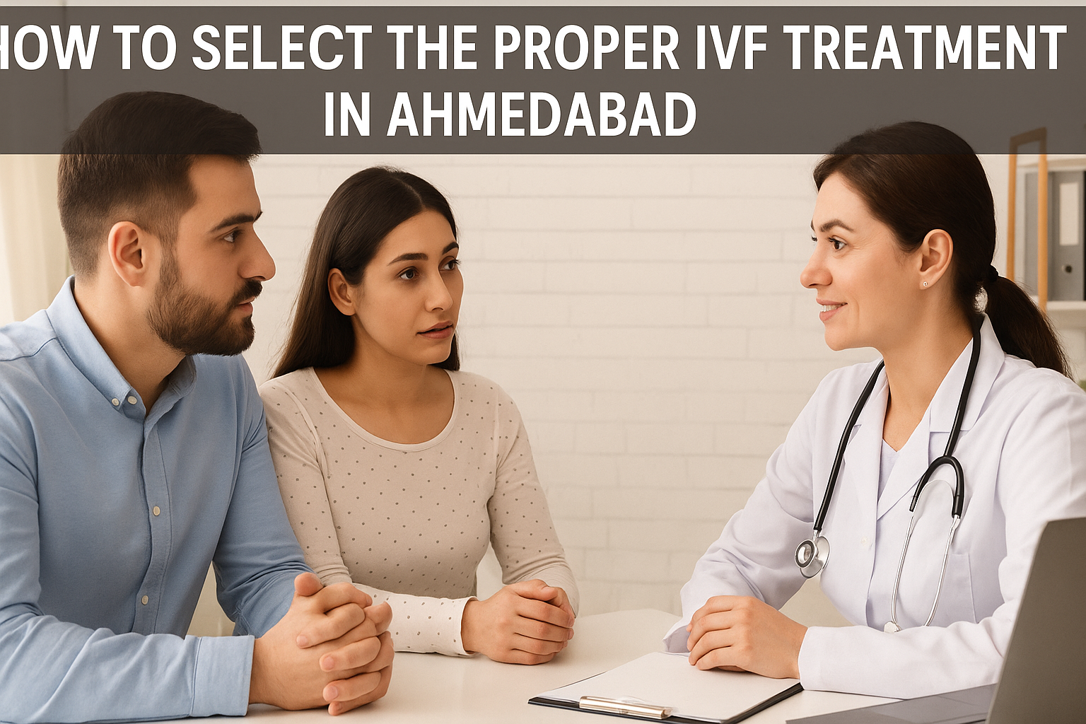 Indian couple consulting with a female IVF specialist in a clinic about selecting the right fertility treatment in Ahmedabad.