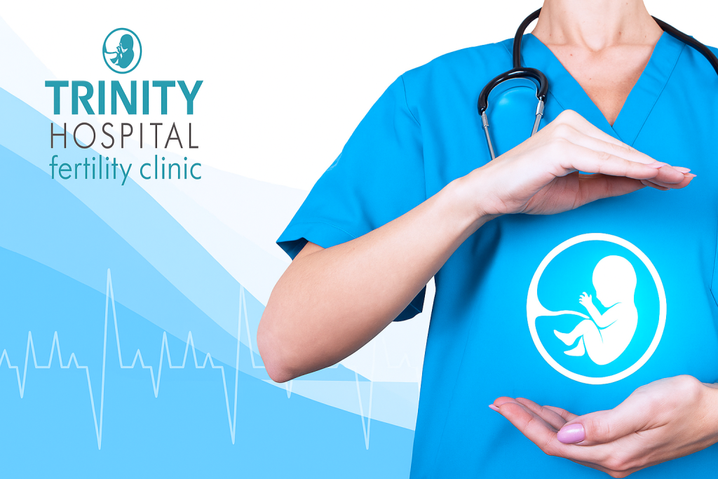 Gynecologist showing care for fertility at Trinity Hospital with a medical illustration of a fetus