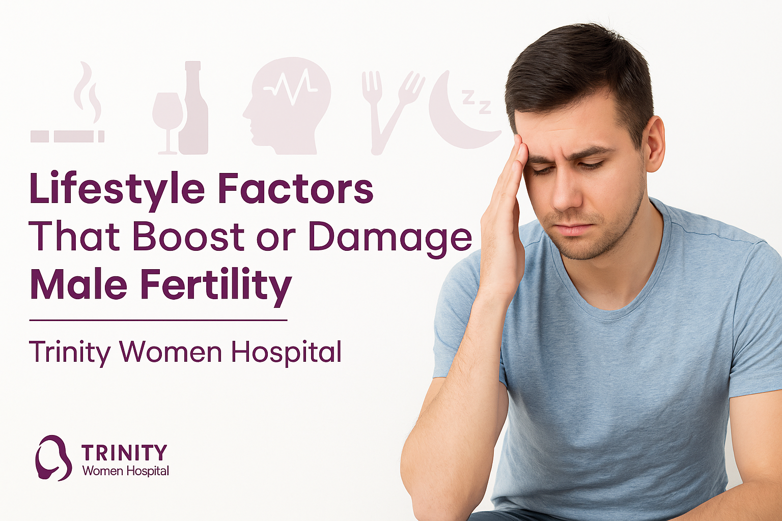 Worried man thinking about lifestyle factors that affect male fertility – Trinity Women Hospital awareness campaign.