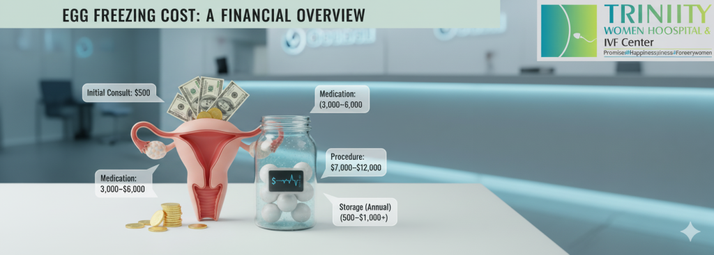 Infographic explaining egg freezing costs in India by Trinity Women Hospital.